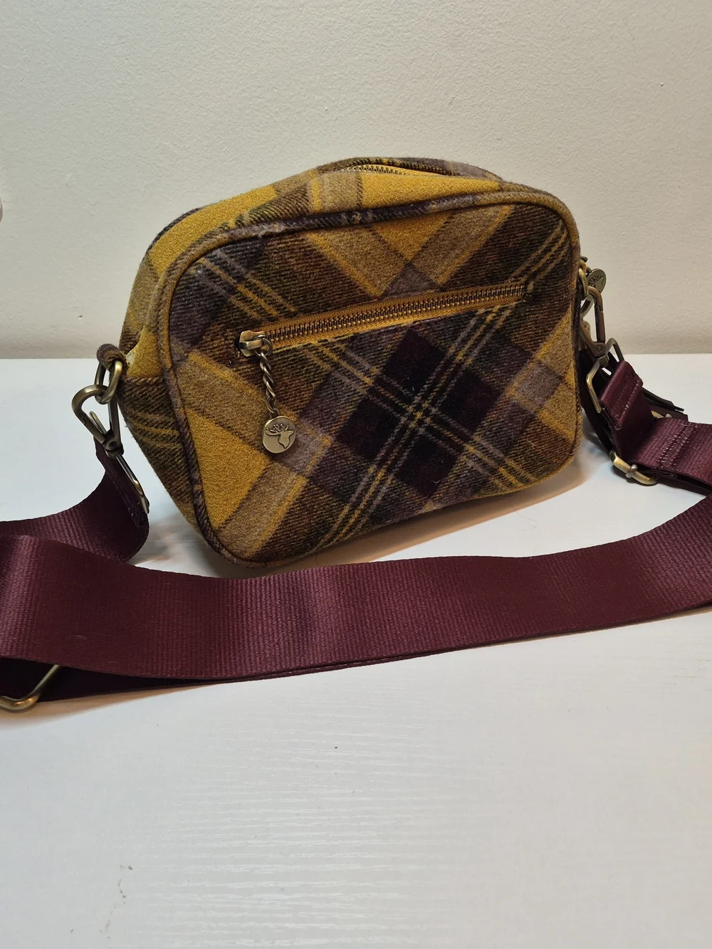 House of Tweed Plaid Wool Crossbody Bag - Mustard & Burgundy